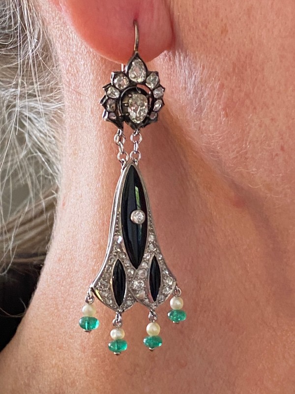 Art Deco Platinum Diamond Onyx Pearl, Diamond Chandelier Earrings Art Deco